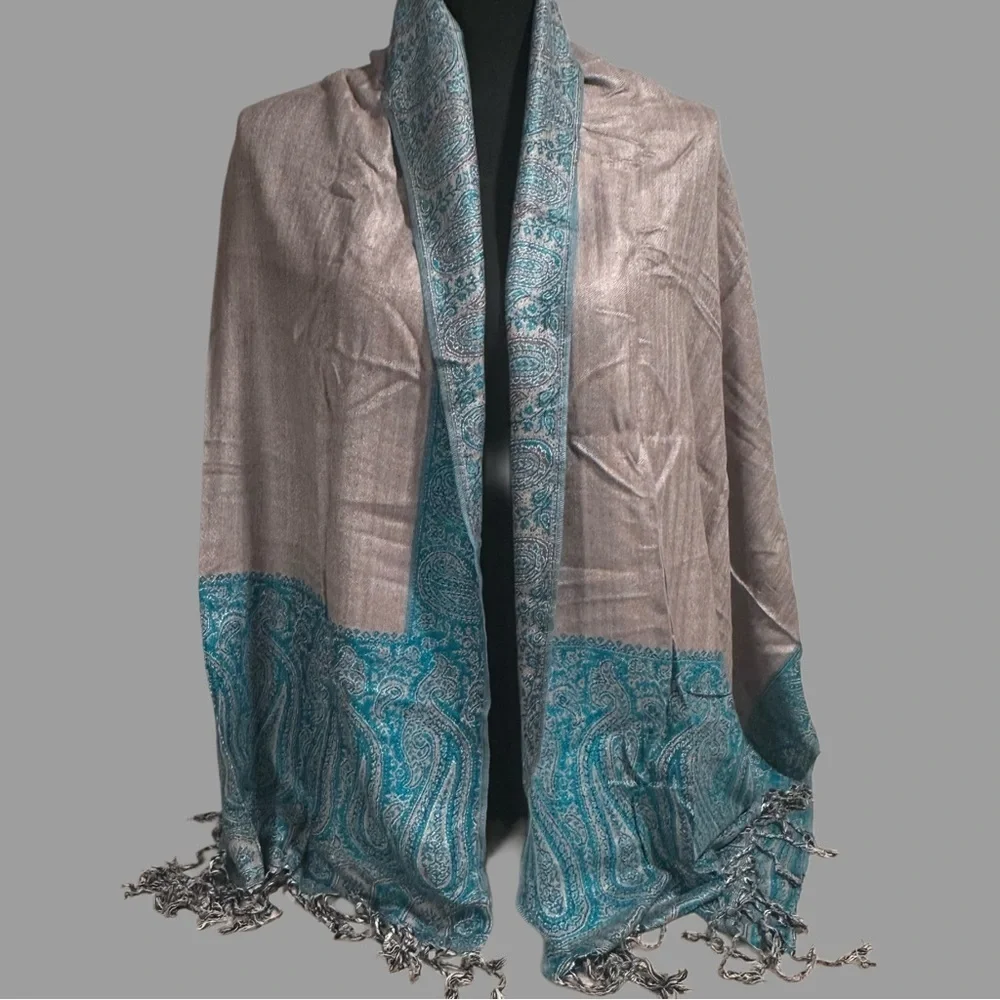Elegant Large Shawl Wrap Double-sided Super Soft Quality Rayon Silver Aquamarine